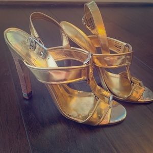 Tory Burch gold and wooden high heeled sandals